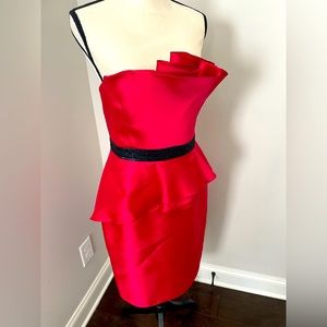 Carmen Marc Valvo Strapless Red Peplum Dress with Black Beaded Waist